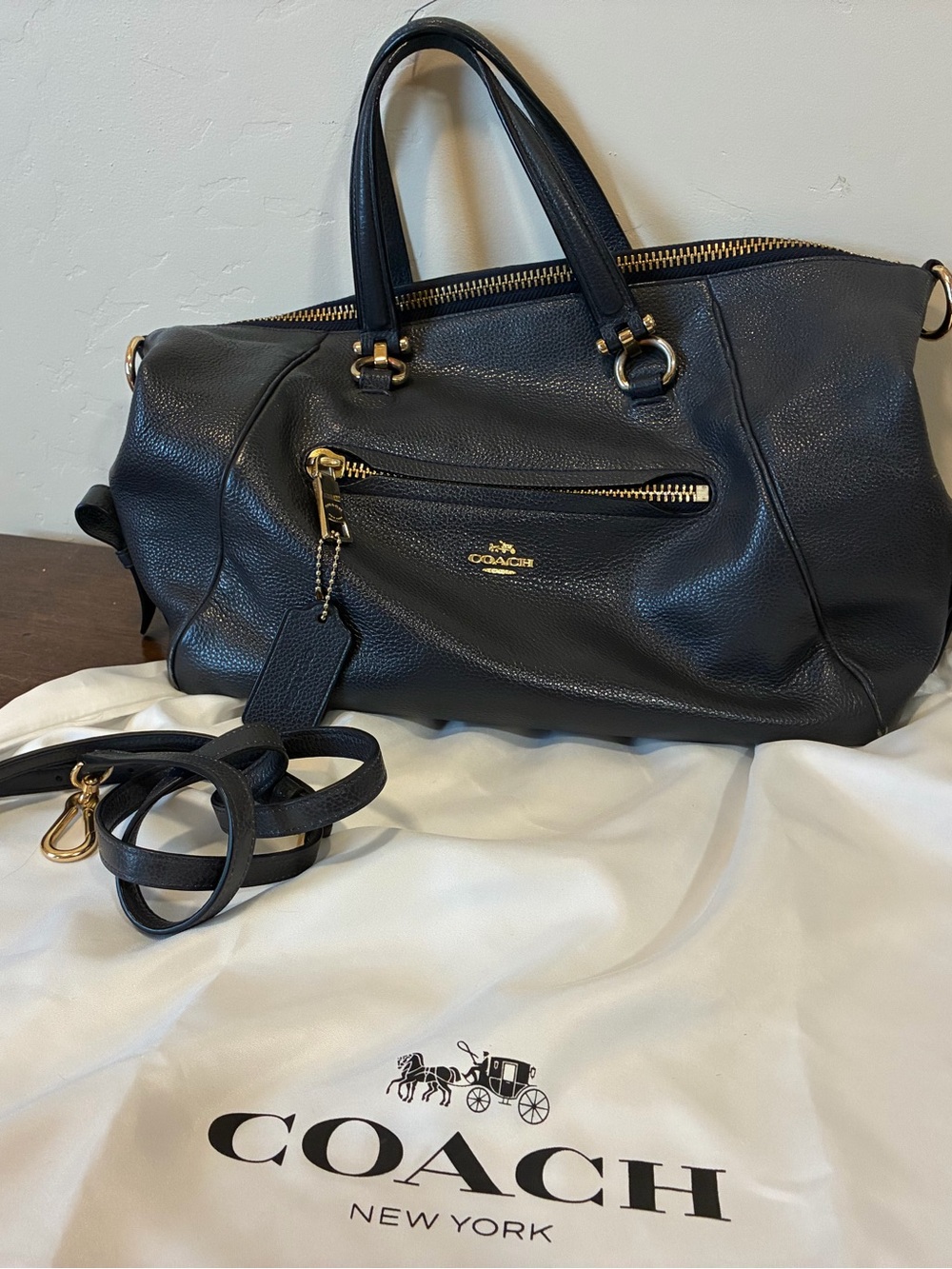 Coach Navy Pebbled Leather Satchel with Gold Hardware